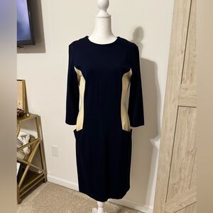 J. McLaughlin Navy and Cream Long Sleeve Dress, Size Medium